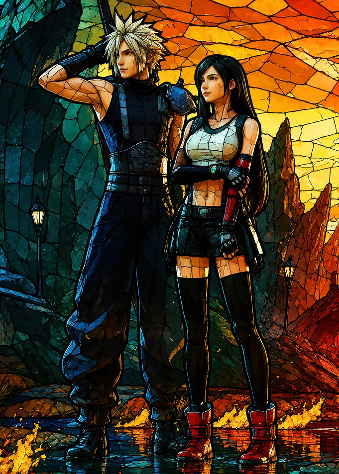 Cloud and Tifa in Stained Glass Style