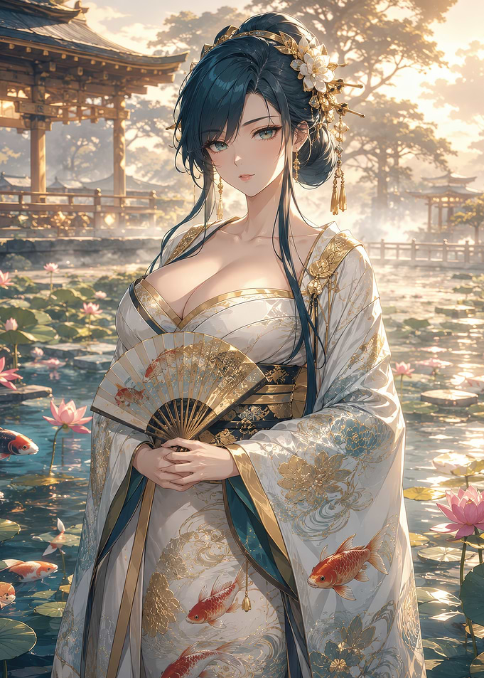 Anime Woman in Traditional Japanese Garden