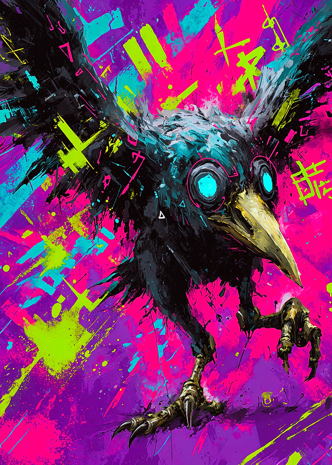 Neon Cyberpunk Raven Bird Art
