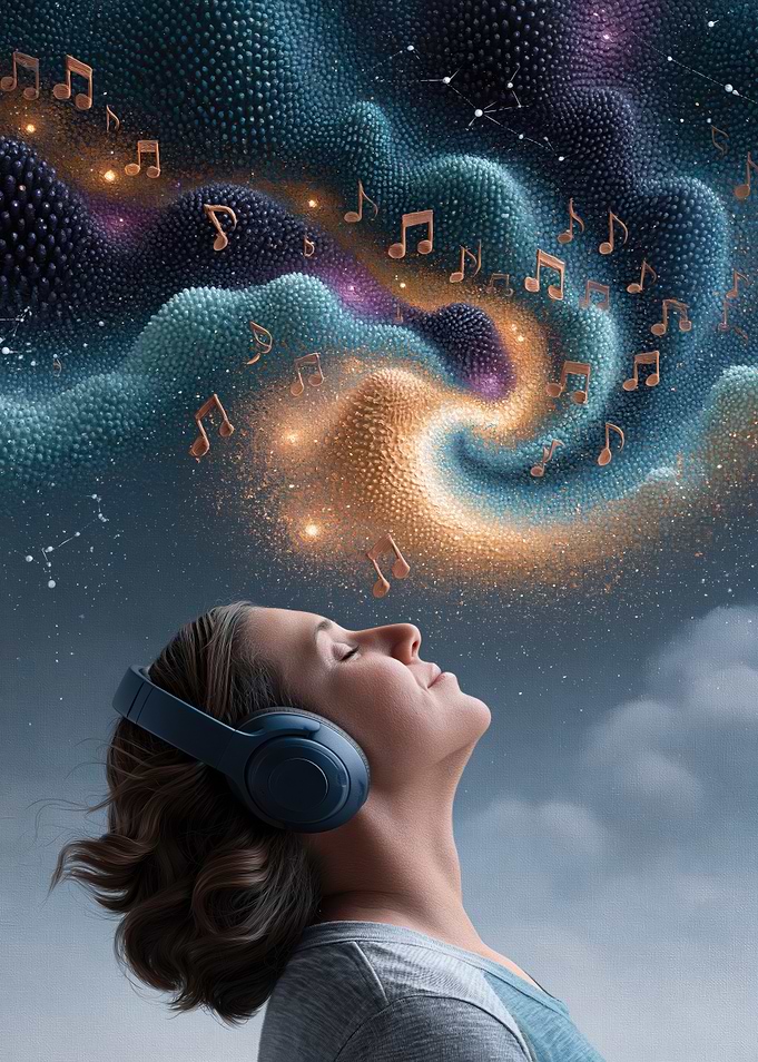 Woman listening to music in space