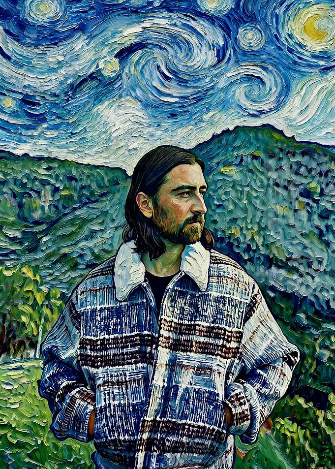 Man in Plaid Jacket with Starry Sky