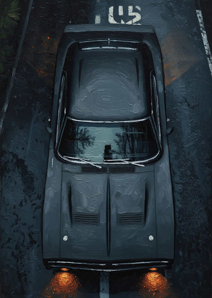 Dark Classic Car on Wet Road