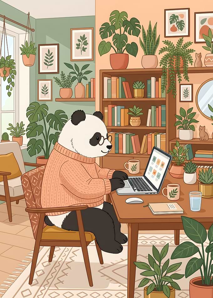 Panda Working on Laptop in Cozy Room