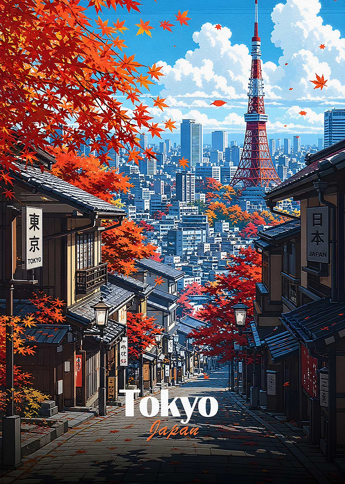 Tokyo Street with Tokyo Tower in Autumn
