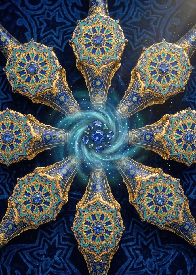 Ornate Blue and Gold Starburst with Gems