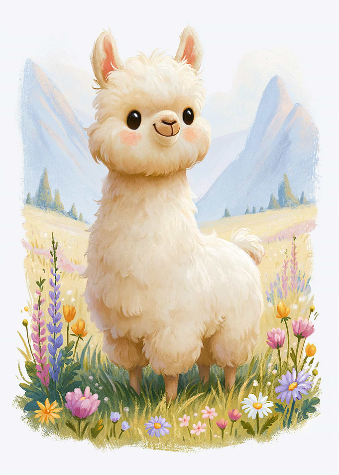Watercolor Alpaca in Summer Meadow
