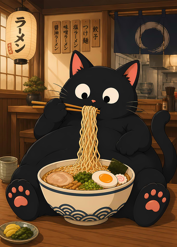 Black Cat Eating Ramen