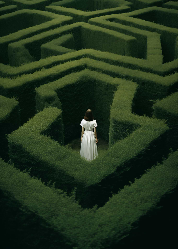 Woman in white dress in a hedge maze