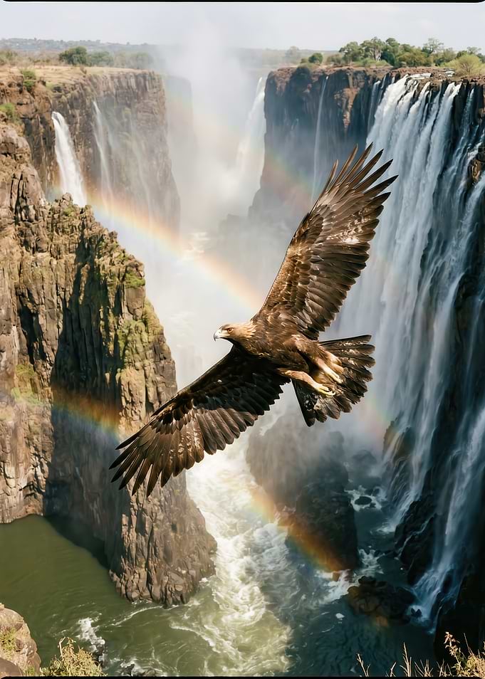 Eagle flying over Victoria Falls with rainbow
