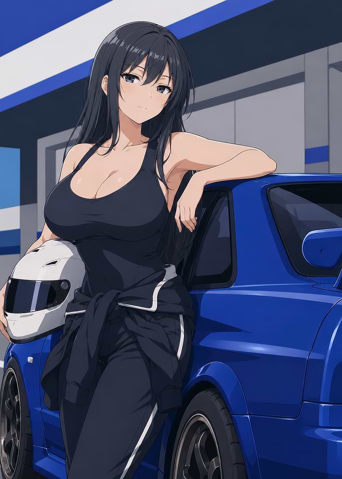 Anime Racer Girl with Blue Car