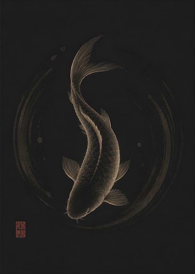 Golden Koi Fish Wall Art Print, Japanese Zen Decor, Black Gold Koi Poster, Minimalist Luxury Wall Art.