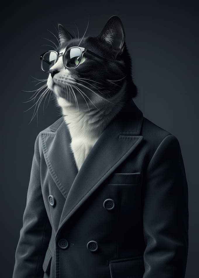 Tuxedo Cat Wearing Glasses and Suit