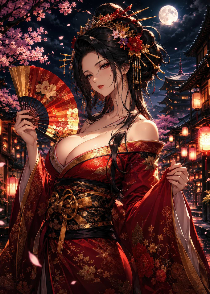 Geisha with Fan in Cherry Blossom Night