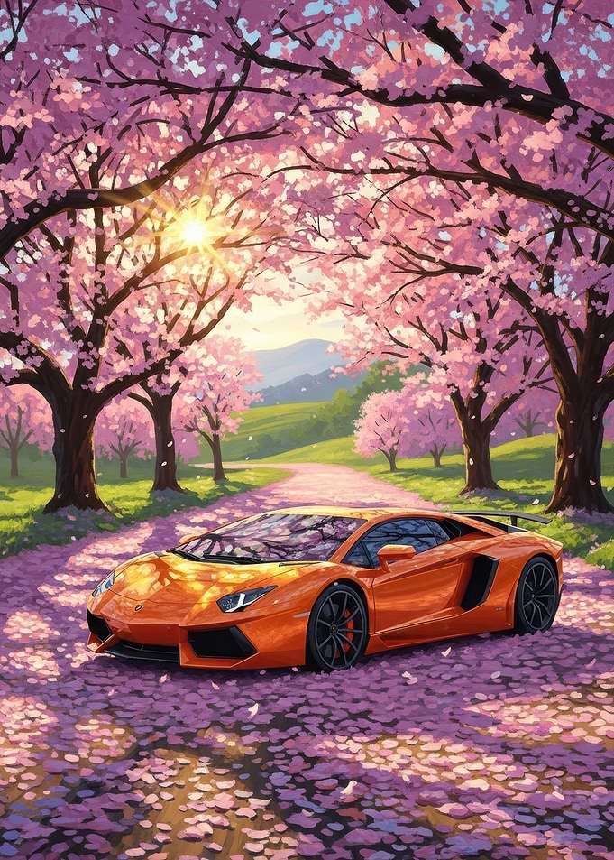 Orange Lamborghini in Cherry Blossom Tunnel
