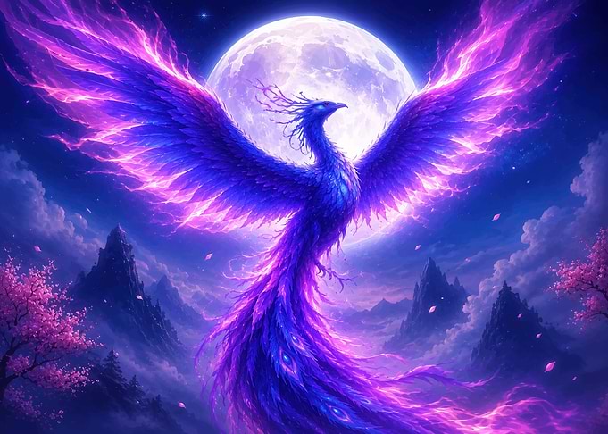 Mythical Phoenix Ascending Under a Full Moon