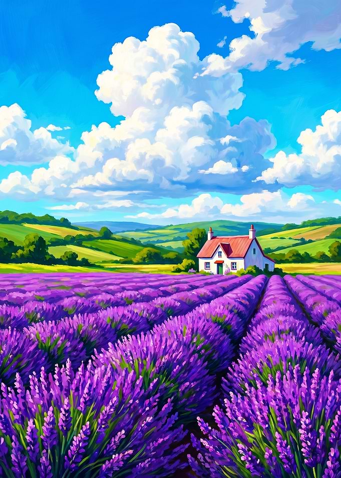 Lavender Field with House and Clouds