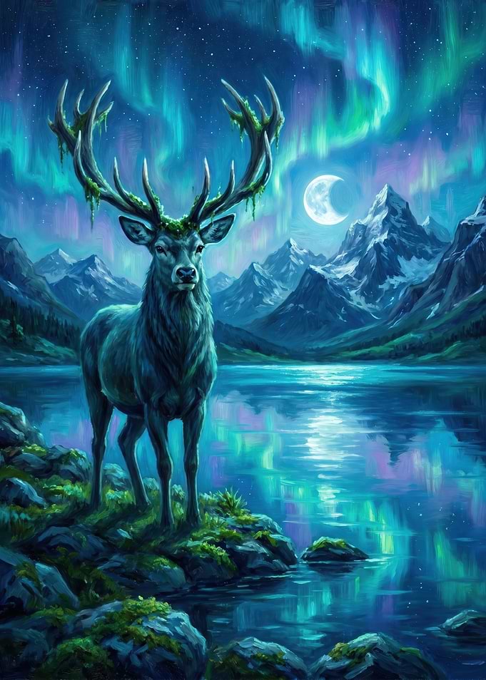 Majestic Stag Under Aurora Borealis
