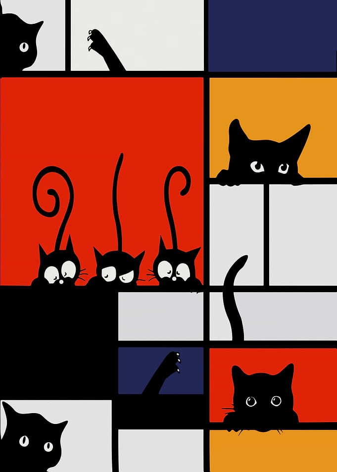 Playful Black Cats in Mondrian Style