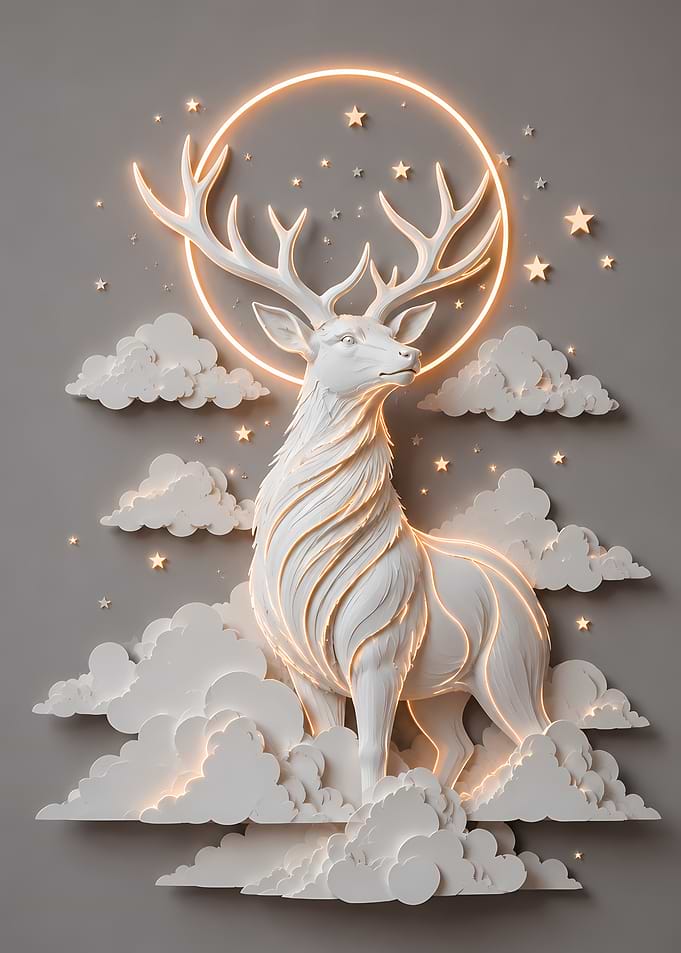 White Stag with Neon Moon and Clouds