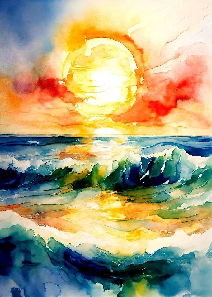 Watercolor Sunset Over Ocean Waves