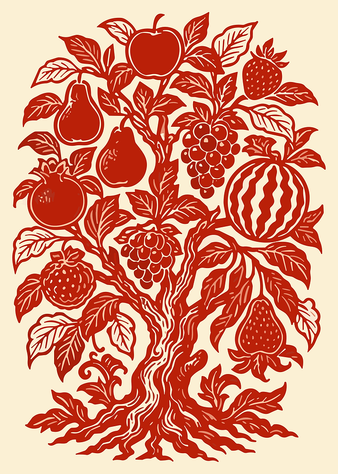 Vintage Fruit Tree Folk Art Poster Red Botanical Wall Decor