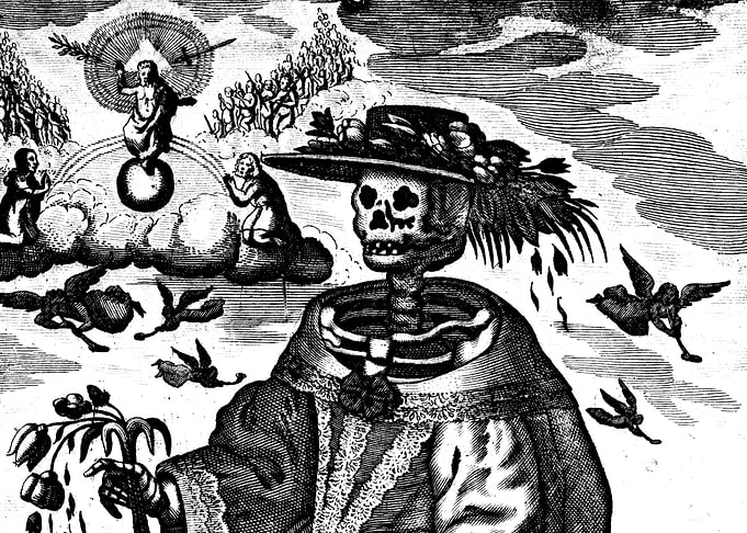 A Skeleton as a Fashionably Dressed Woman Death Engraving