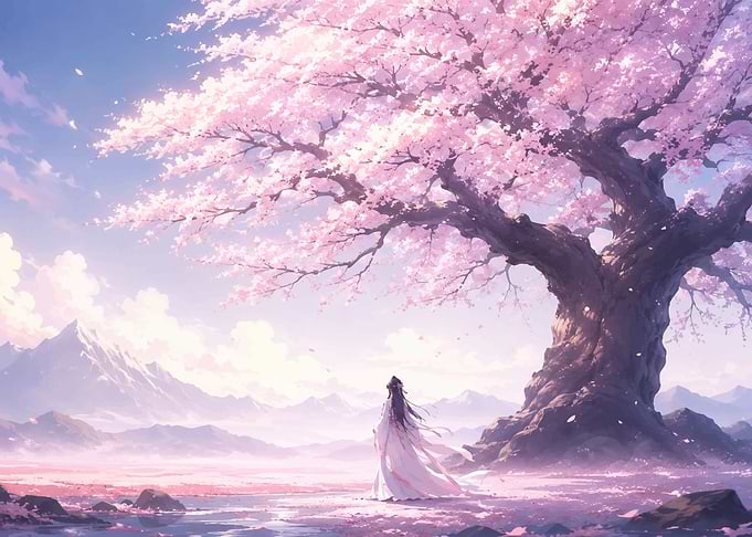Woman under a cherry blossom tree