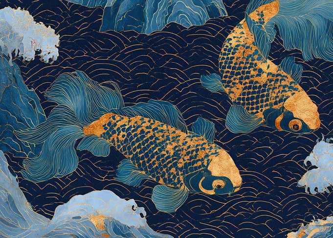 Golden Koi Fish in Blue Waves Japanese Kintsugi Art