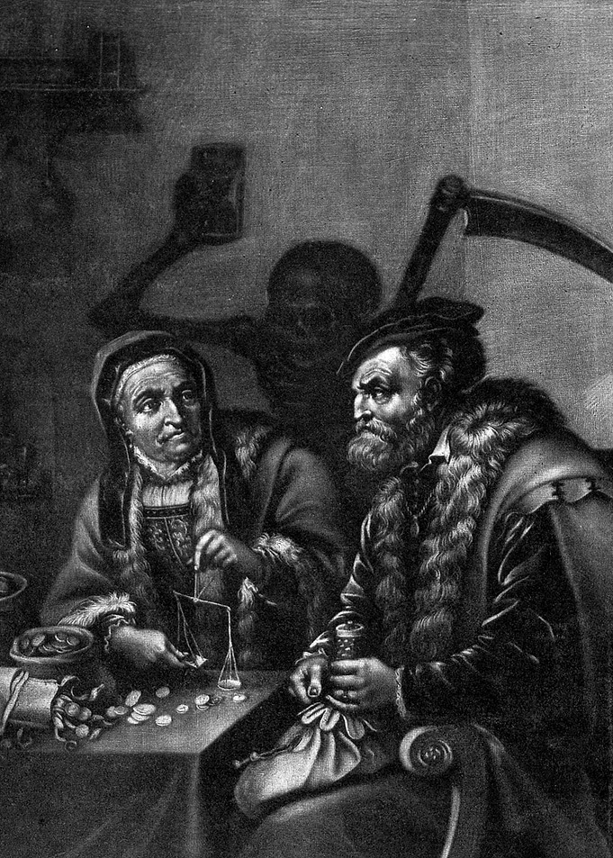 Man and Woman Counting Money while Death Watches Engraving