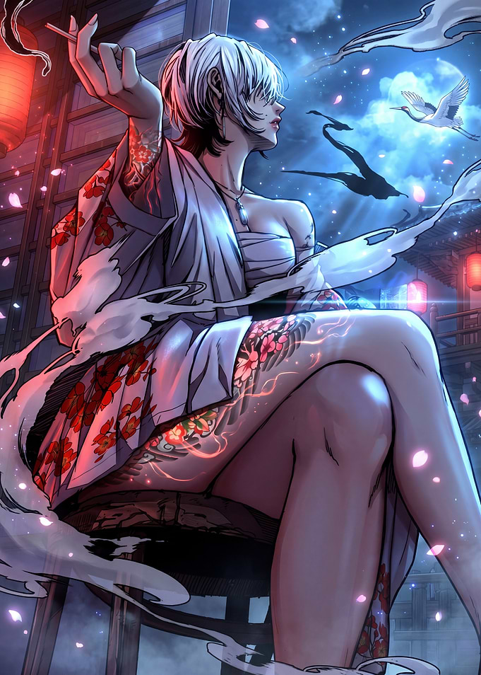 Tattooed Woman in Kimono Smoking