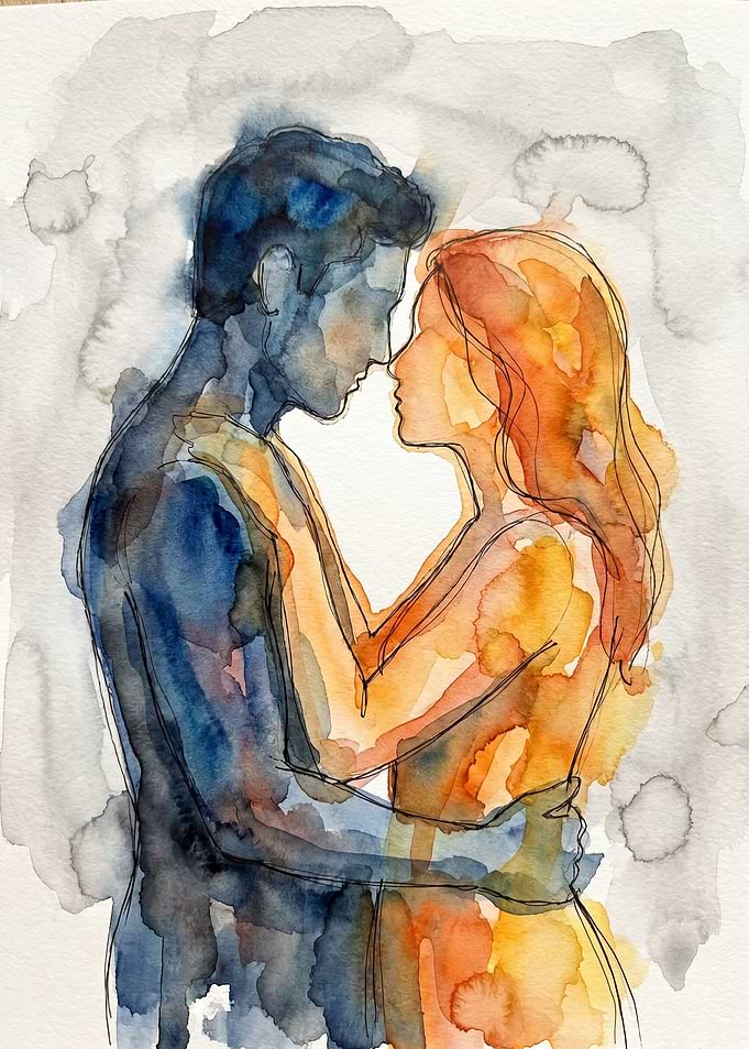 Couple Embracing in Watercolor