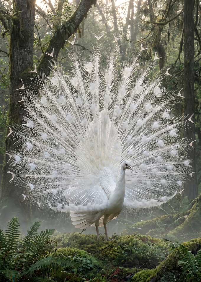 White Peacock Displaying Feathers in Forest