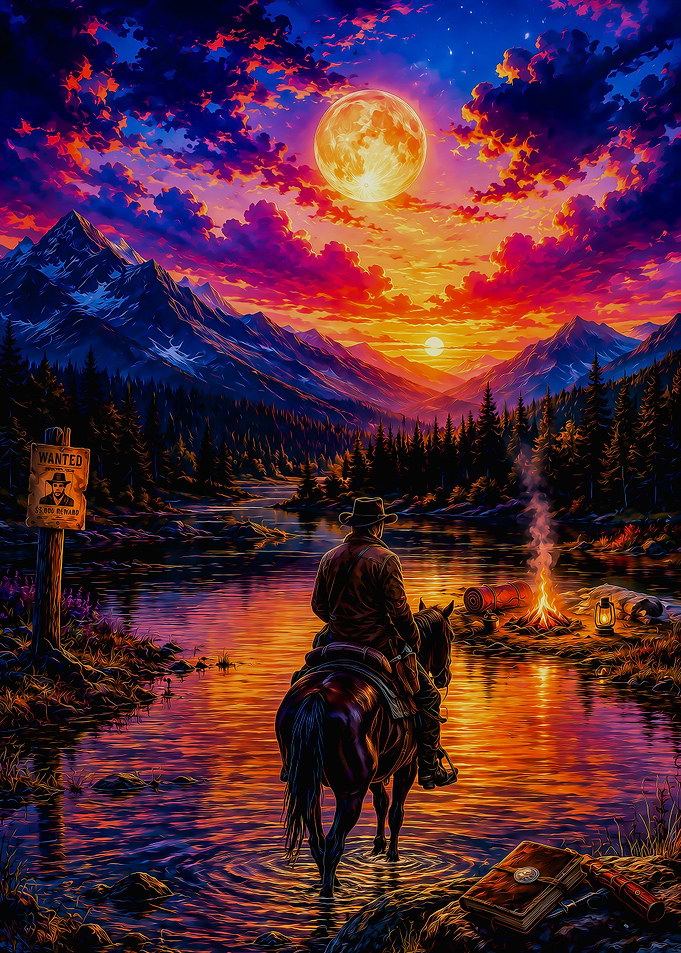 Cowboy Riding Horse by Campfire