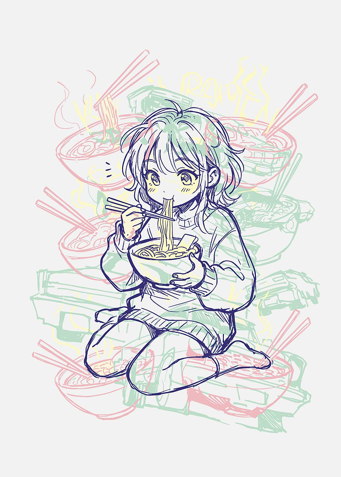 Kawaii Anime Girl Eating Ramen Sketch