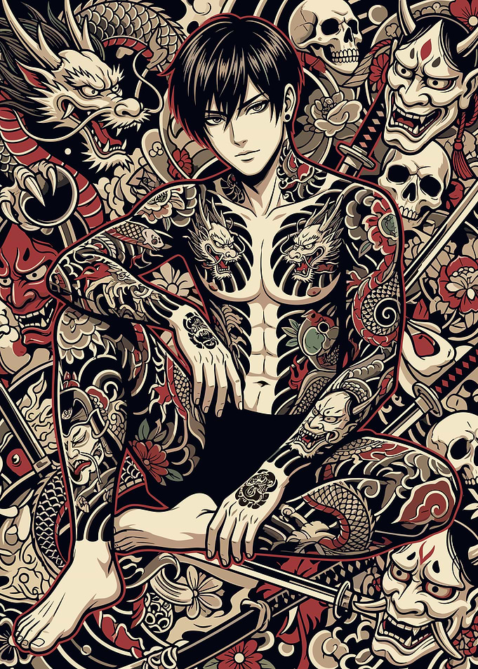 Tattooed Man with Dragons and Oni Masks