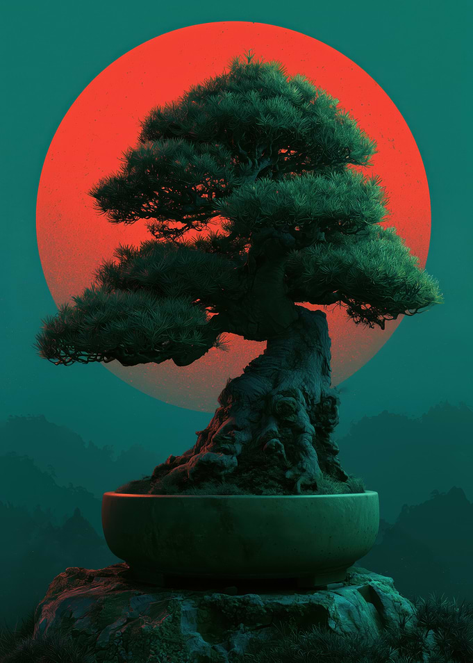 Synthwave Bonsai Tree with Red Sun