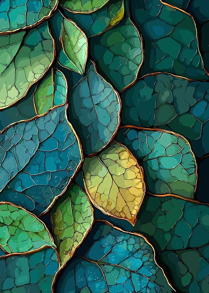 Close-up of Textured Green and Blue Leaves with Gold Edges