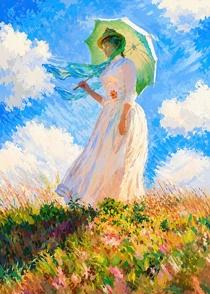 Woman with Umbrella in a Field inspired by Claude Monet