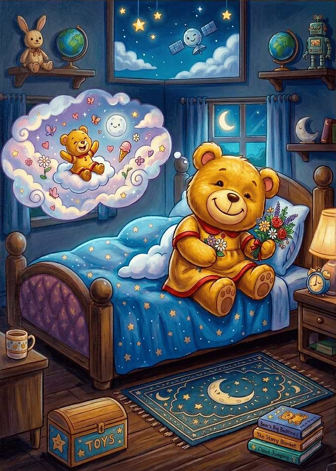 Teddy Bear Dreaming in a Starry Room