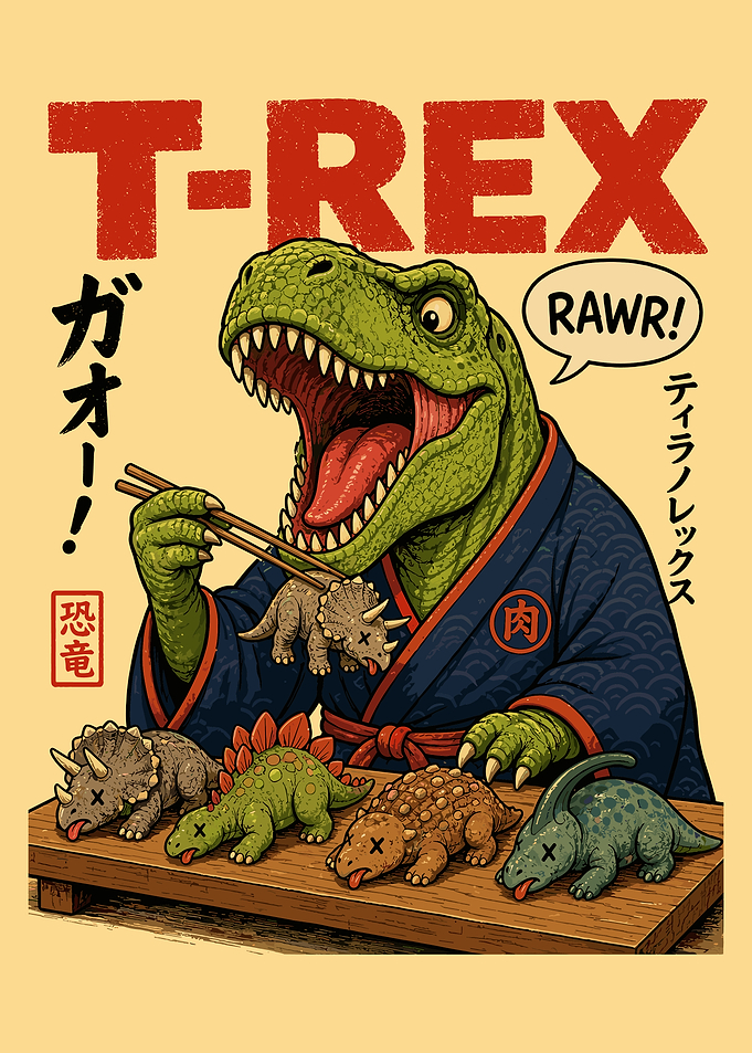 Funny Dinosaur Sushi Poster T-Rex Kimono Japanese Style Dark Humor Wall Art