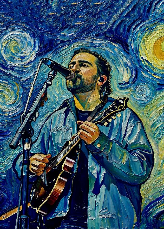 Musician Playing Mandolin in Starry Night Style