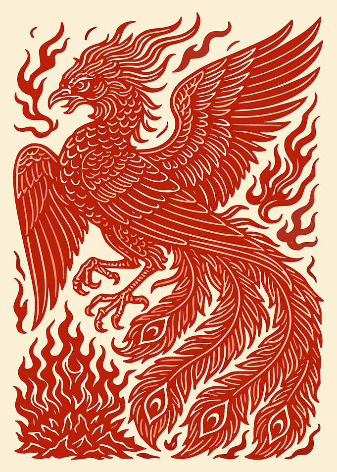 Red Phoenix Rising Poster Mythical Fire Bird Fantasy Wall Art