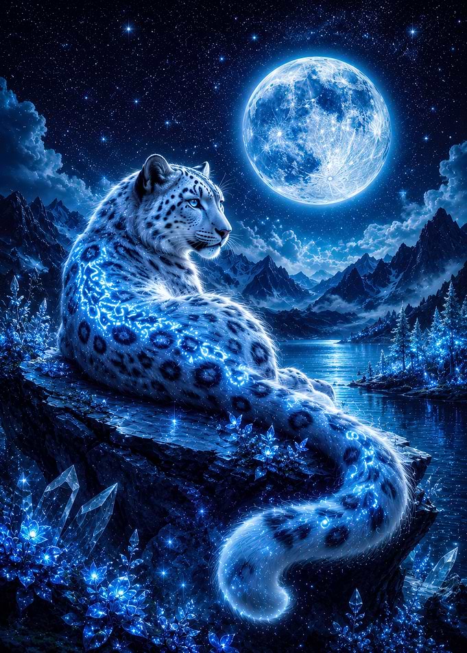 Enchanted Snow Leopard Under the Moon