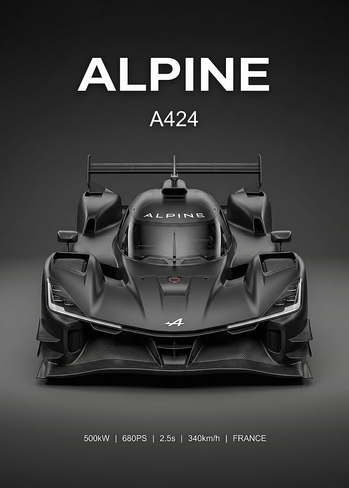 sleek black Alpine A424 Race Car poster