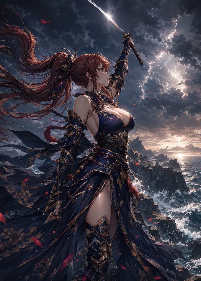 Warrior Woman with Sword in Storm