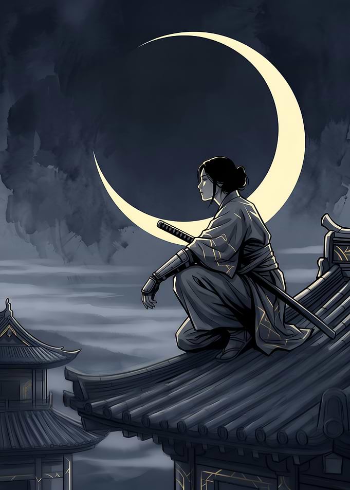 Samurai Warrior on Roof Under Crescent Moon