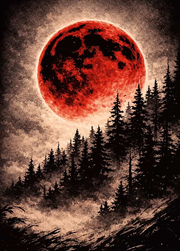 Red Moon Over Pine Forest