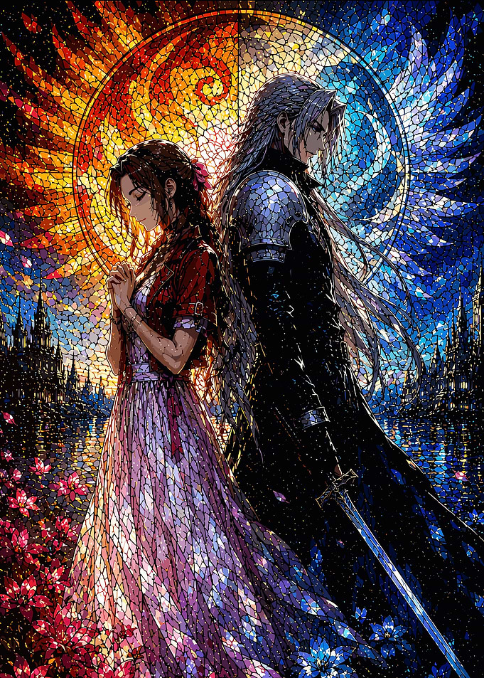 Aerith and Sephiroth Stained Glass Art