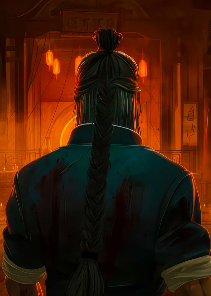Warrior with Braided Hair in a Temple