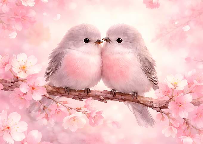 Two cute birds on a cherry blossom branch
